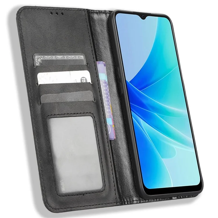 Phone Flip Wallet Case For Oppo A57 4G / A57s 4G / A57 (CPH2387) (Taiwan Version) Magnetic Auto Closing Retro Imprint Pattern PU Leather Phone Cover Stand - Black