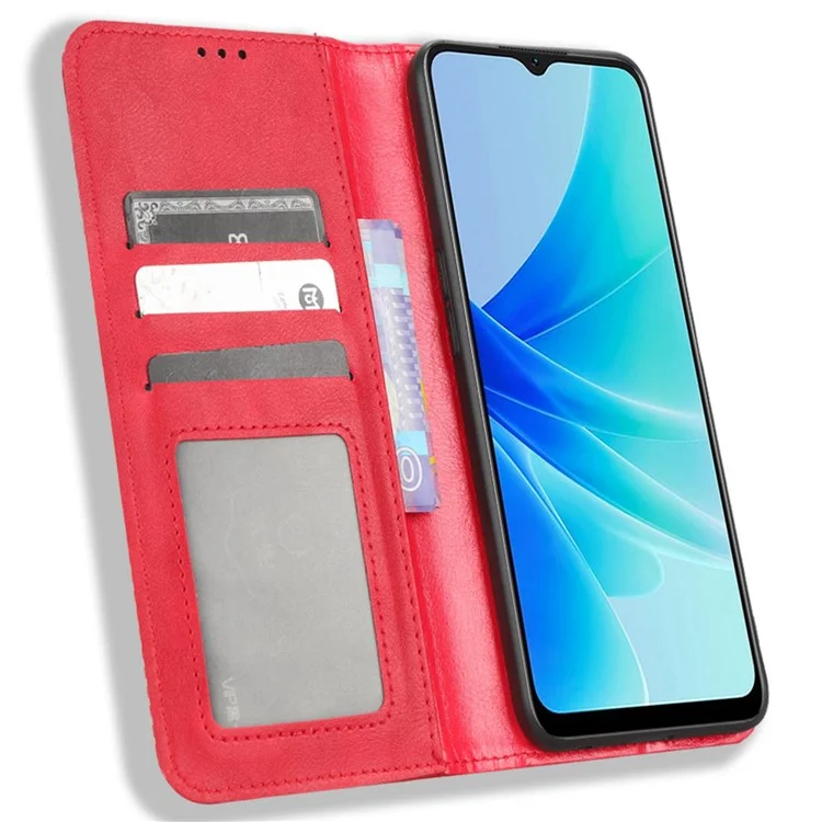 Téléphone Flip Wallet Case Pour Oppo A57 4G / A57 (CPH2387) (version Taiwan) Magnétique Magnétique Ferme Retro Imprint Modèle PU le Cuir Phone Cover Stand - Rouge
