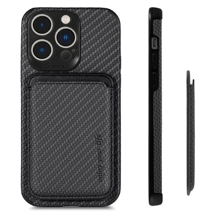 For iPhone 14 Pro 6.1 inch Anti-drop Carbon Fiber Texture Detachable Phone Case Magnetic Card Holder PU Leather + TPU Back Cover - Black