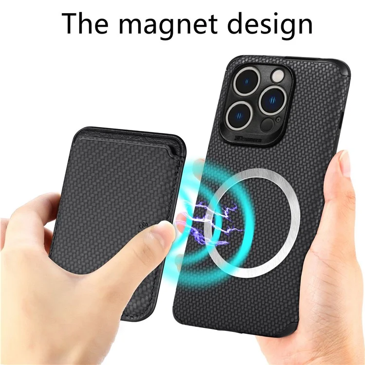 For iPhone 14 Pro 6.1 inch Anti-drop Carbon Fiber Texture Detachable Phone Case Magnetic Card Holder PU Leather + TPU Back Cover - Black