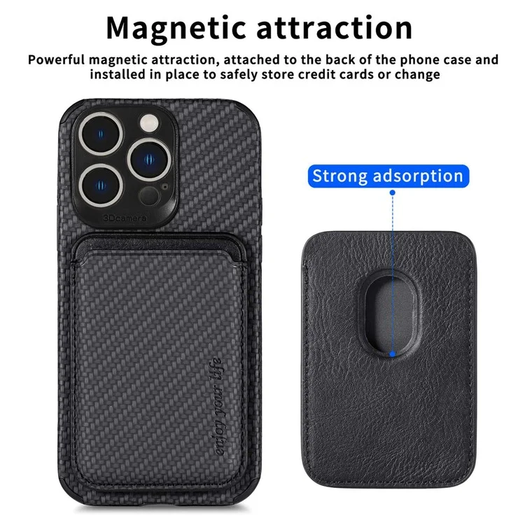 For iPhone 14 Pro 6.1 inch Anti-drop Carbon Fiber Texture Detachable Phone Case Magnetic Card Holder PU Leather + TPU Back Cover - Black