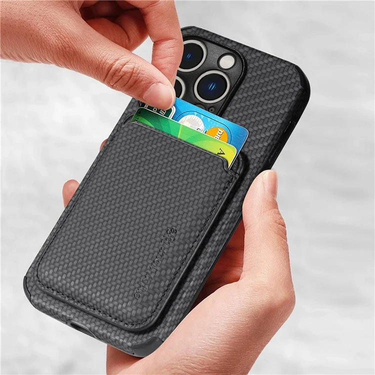 For iPhone 14 Pro 6.1 inch Anti-drop Carbon Fiber Texture Detachable Phone Case Magnetic Card Holder PU Leather + TPU Back Cover - Black