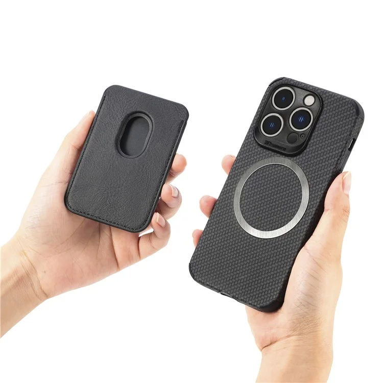 For iPhone 14 Pro 6.1 inch Anti-drop Carbon Fiber Texture Detachable Phone Case Magnetic Card Holder PU Leather + TPU Back Cover - Black