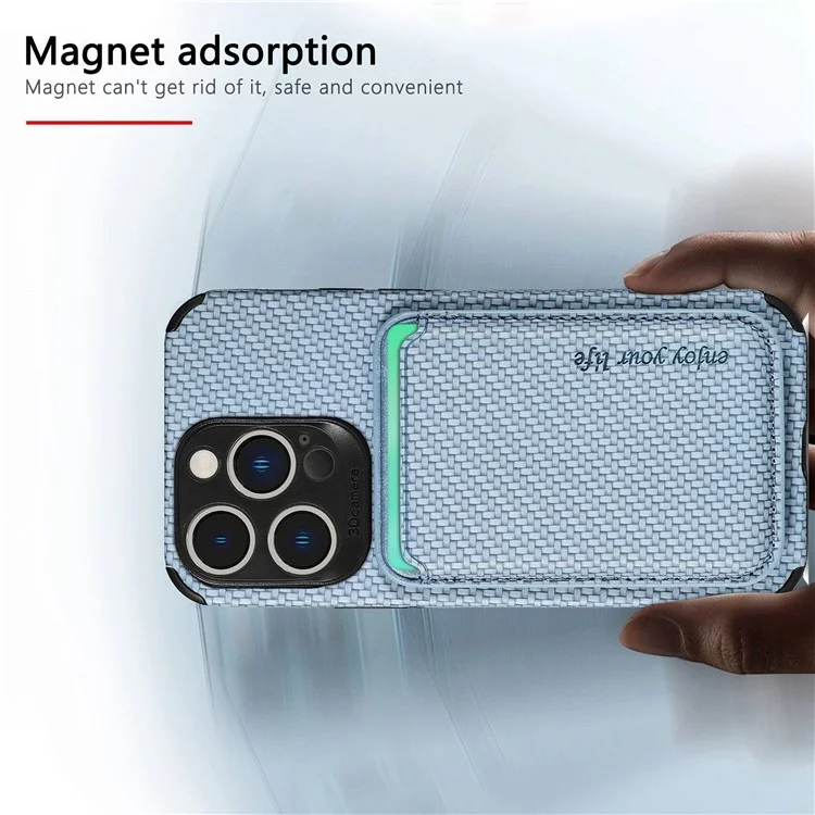 For iPhone 14 Pro 6.1 inch Anti-drop Carbon Fiber Texture Detachable Phone Case Magnetic Card Holder PU Leather + TPU Back Cover - Black