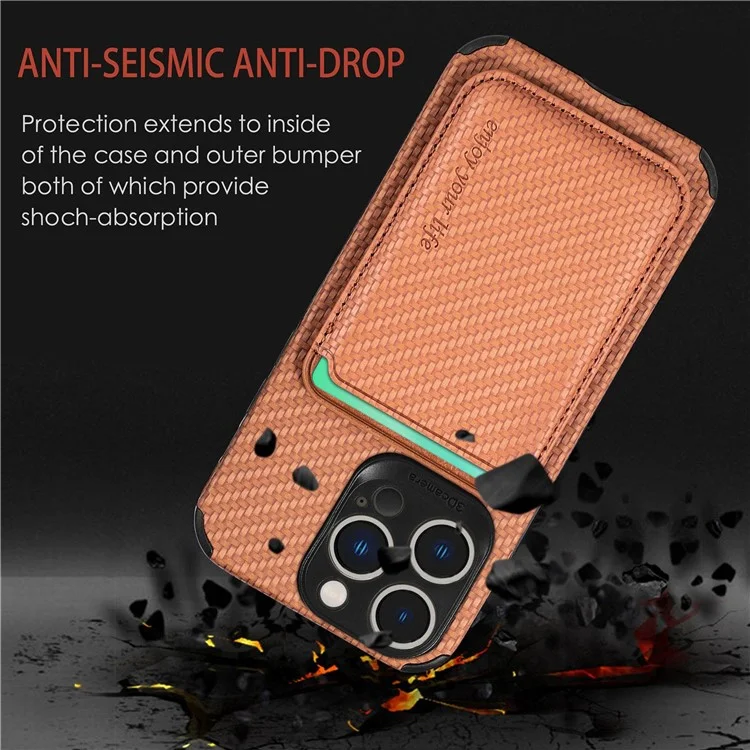 For iPhone 14 Pro 6.1 inch Anti-drop Carbon Fiber Texture Detachable Phone Case Magnetic Card Holder PU Leather + TPU Back Cover - Black