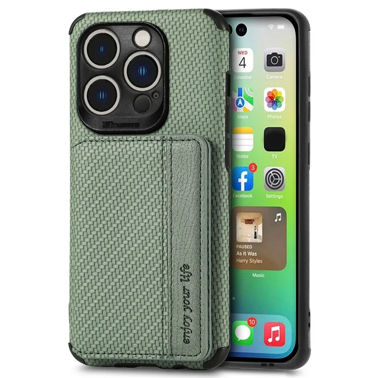 For iPhone 14 Pro Max 6.7 inch Carbon Fiber Texture RFID Blocking Wallet Design Phone Case Leather Coated TPU Anti-scratch Magnetic Cover with Kickstand - Green