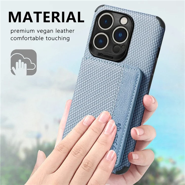 For iPhone 14 Pro Max 6.7 inch Carbon Fiber Texture RFID Blocking Wallet Design Phone Case Leather Coated TPU Anti-scratch Magnetic Cover with Kickstand - Green