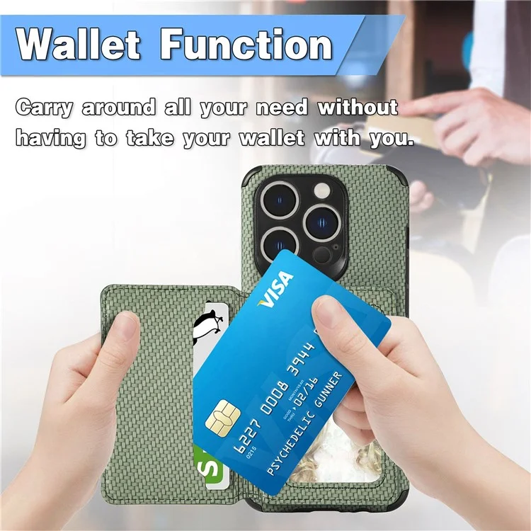 For iPhone 14 Pro Max 6.7 inch Carbon Fiber Texture RFID Blocking Wallet Design Phone Case Leather Coated TPU Anti-scratch Magnetic Cover with Kickstand - Green