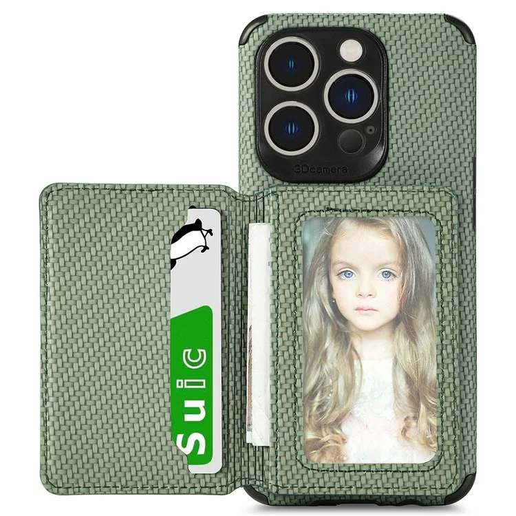 For iPhone 14 Pro Max 6.7 inch Carbon Fiber Texture RFID Blocking Wallet Design Phone Case Leather Coated TPU Anti-scratch Magnetic Cover with Kickstand - Green