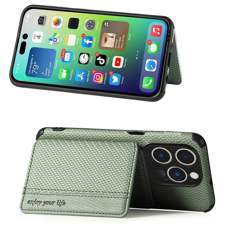 For iPhone 14 Pro Max 6.7 inch Carbon Fiber Texture RFID Blocking Wallet Design Phone Case Leather Coated TPU Anti-scratch Magnetic Cover with Kickstand - Green