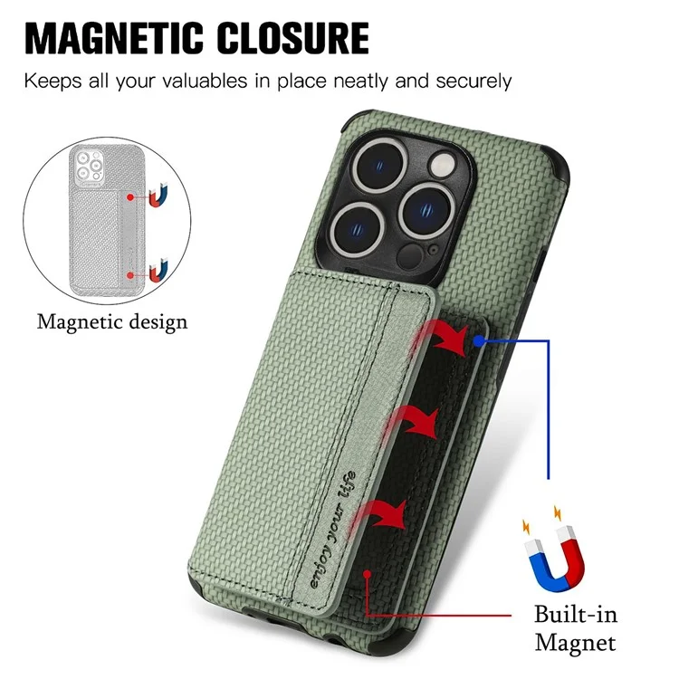 For iPhone 14 Pro Max 6.7 inch Carbon Fiber Texture RFID Blocking Wallet Design Phone Case Leather Coated TPU Anti-scratch Magnetic Cover with Kickstand - Green