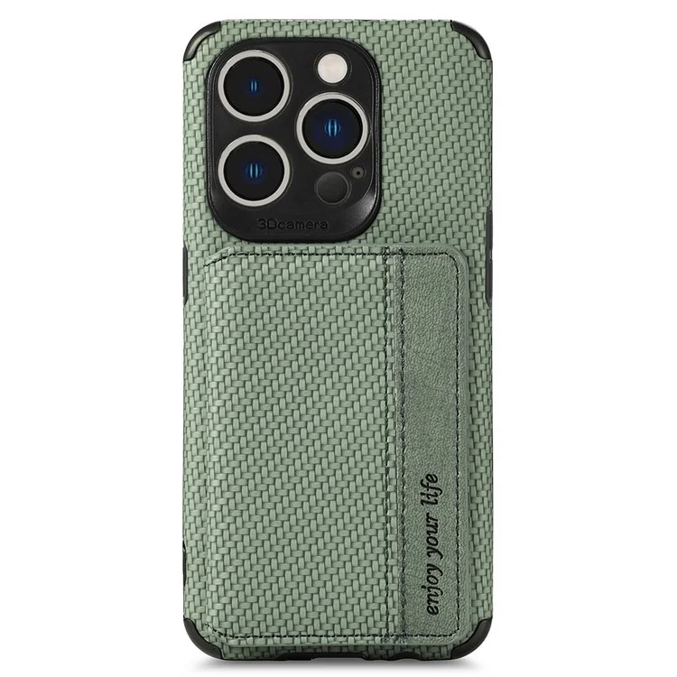 For iPhone 14 Pro Max 6.7 inch Carbon Fiber Texture RFID Blocking Wallet Design Phone Case Leather Coated TPU Anti-scratch Magnetic Cover with Kickstand - Green