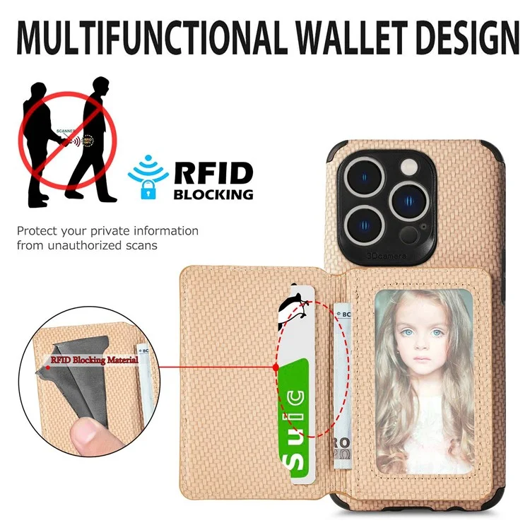 For iPhone 14 Pro Max 6.7 inch Carbon Fiber Texture RFID Blocking Wallet Design Phone Case Leather Coated TPU Anti-scratch Magnetic Cover with Kickstand - Green