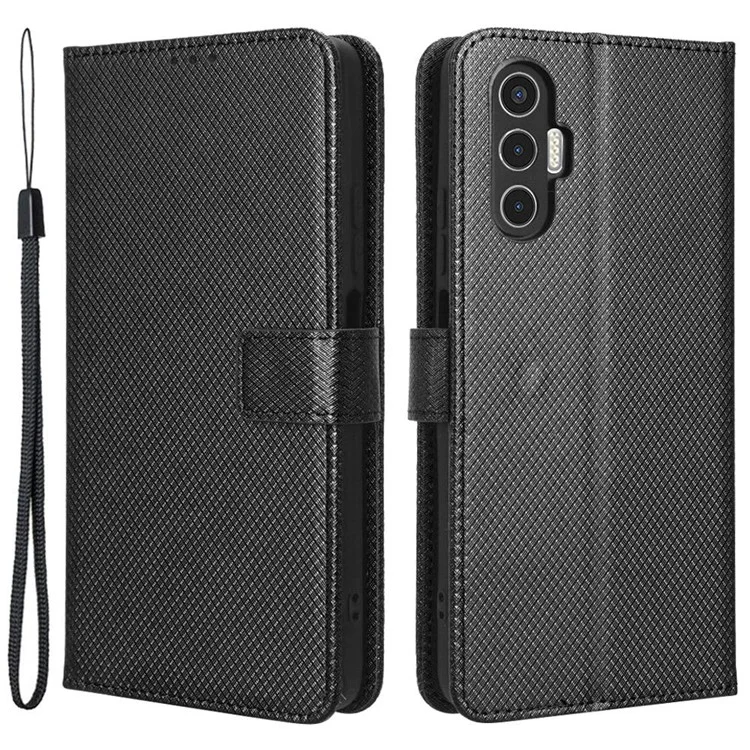 Para Tecno Pova 3 4G Diamante Textura Proteção Telefone Clasp Magnético Coloque de Couro PU PU Caixa de Carteira de Telefone Resistente a Arranhões - Preto