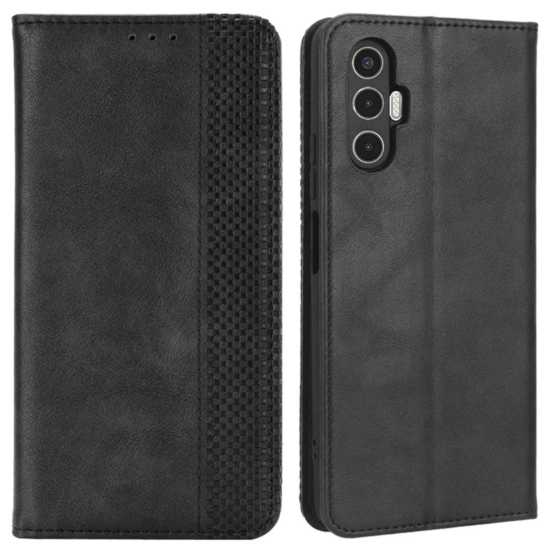 For TECNO Pova 3 4G Magnetic Auto Closing Retro Imprint Pattern Scratch Proof PU Leather Wallet Case Phone Stand Shell Cover - Black