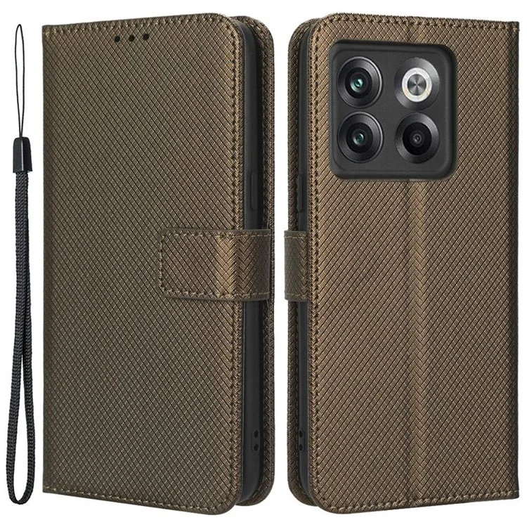 Para OnePlus 10T 5G / Ace Pro 5G Diamond Texture Collision Resistant Phone Shell Magnetic Clasp PU Leather Stand Wallet Case with Wrist Strap - Marrom