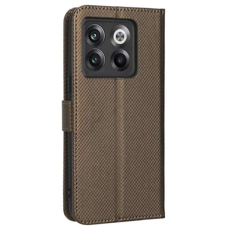 Para OnePlus 10T 5G / Ace Pro 5G Diamond Texture Collision Resistant Phone Shell Magnetic Clasp PU Leather Stand Wallet Case with Wrist Strap - Marrom