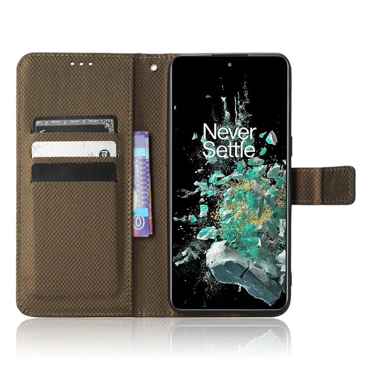 Para OnePlus 10T 5G / Ace Pro 5G Diamond Texture Collision Resistant Phone Shell Magnetic Clasp PU Leather Stand Wallet Case with Wrist Strap - Marrom