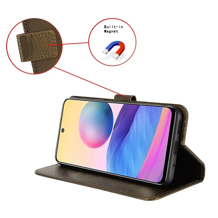 Para OnePlus 10T 5G / Ace Pro 5G Diamond Texture Collision Resistant Phone Shell Magnetic Clasp PU Leather Stand Wallet Case with Wrist Strap - Marrom