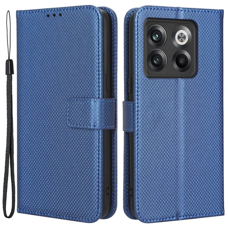 For OnePlus 10T 5G / Ace Pro 5G Diamond Texture Collision Resistant Phone Shell Magnetic Clasp PU Leather Stand Wallet Case with Wrist Strap - Blue