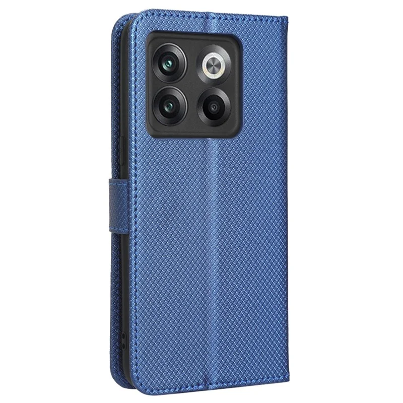 For OnePlus 10T 5G / Ace Pro 5G Diamond Texture Collision Resistant Phone Shell Magnetic Clasp PU Leather Stand Wallet Case with Wrist Strap - Blue