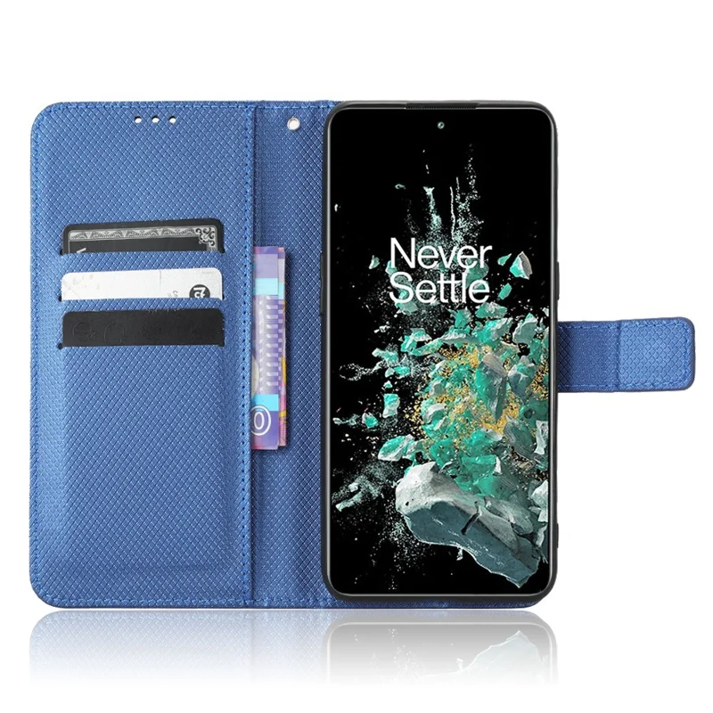 For OnePlus 10T 5G / Ace Pro 5G Diamond Texture Collision Resistant Phone Shell Magnetic Clasp PU Leather Stand Wallet Case with Wrist Strap - Blue