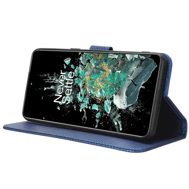 For OnePlus 10T 5G / Ace Pro 5G Diamond Texture Collision Resistant Phone Shell Magnetic Clasp PU Leather Stand Wallet Case with Wrist Strap - Blue