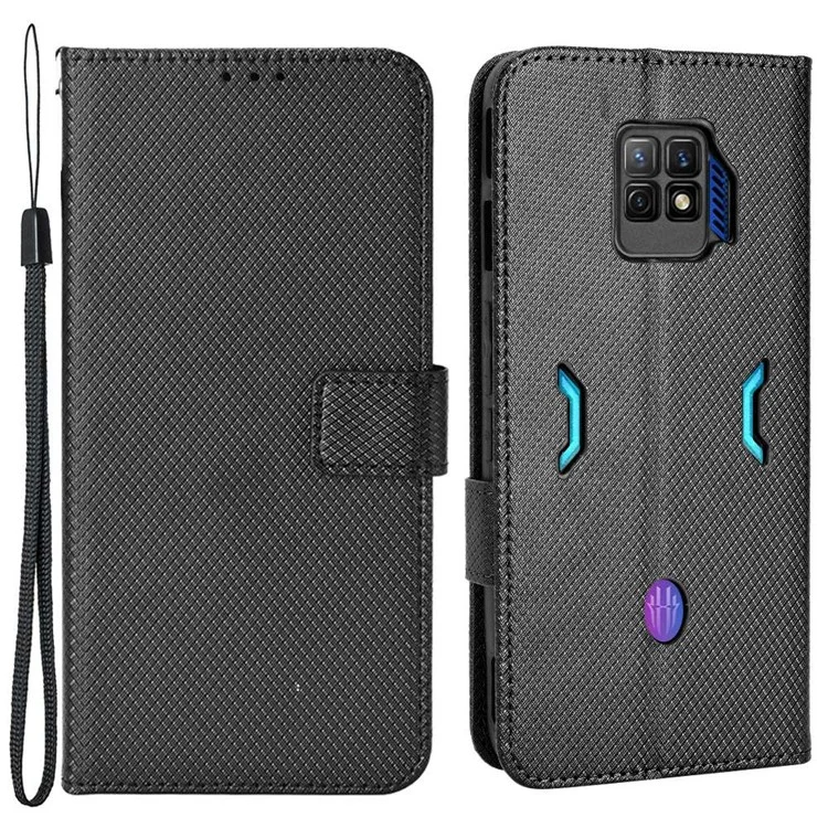 Pour ZTE Nubia Red Magic 7s Pro 5G Diamond Texture Protection Téléphone Shell Anti-shock Magnetic Flasp PU le Cuir Stand Portefeuille - le Noir