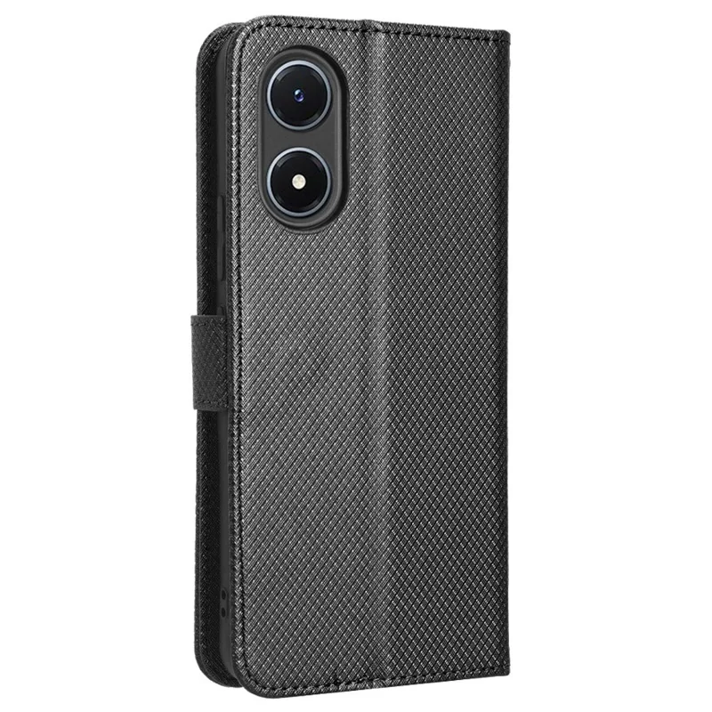 For vivo Y02s 4G Full Protection Diamond Texture Phone Shell Magnetic Clasp PU Leather Stand Wallet Case with Wrist Strap - Black