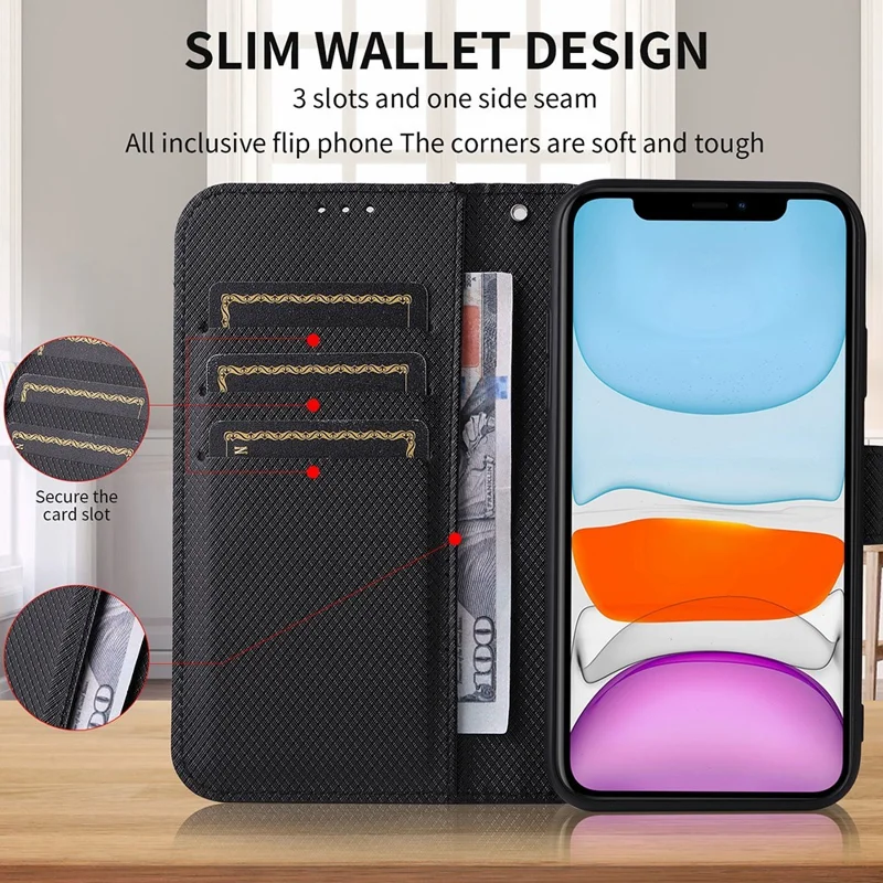 For vivo Y02s 4G Full Protection Diamond Texture Phone Shell Magnetic Clasp PU Leather Stand Wallet Case with Wrist Strap - Black