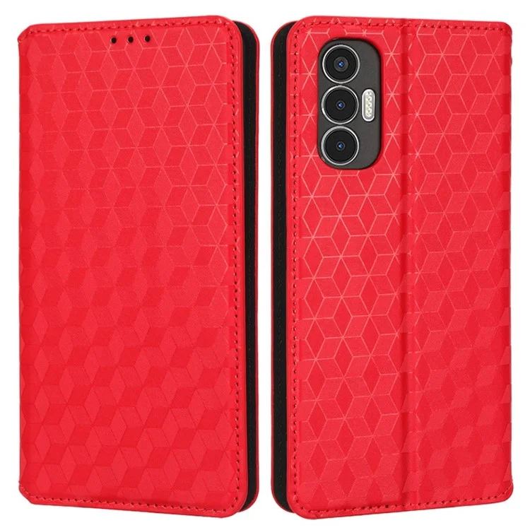 Para Tecno Pova 3 4G Lf7n Imprimindo Rhombus Padrão Caixa de Carteira Magnetic Caixa Magnetic PU Stand Stand Full Protection Tampo do Telefone - Vermelho