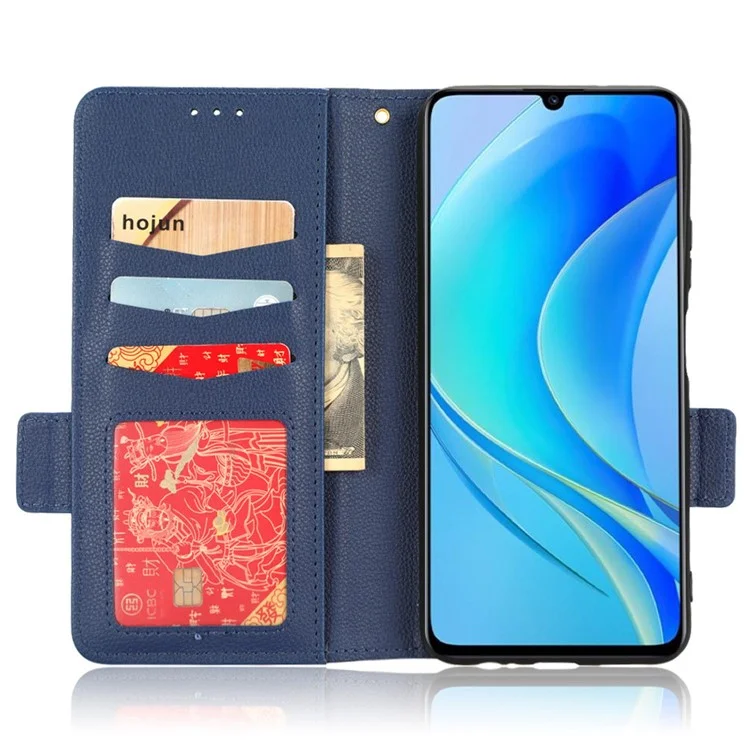 Schocksicheres Telefonfall Für Huawei Nova Y70 4G / Nova Y70 Plus 4g / Genießen Sie 50 4G, Litchi Textur PU Leder Dual Magnet -verschluss Brieftaschenabdeckungsständer - Dunkelblau