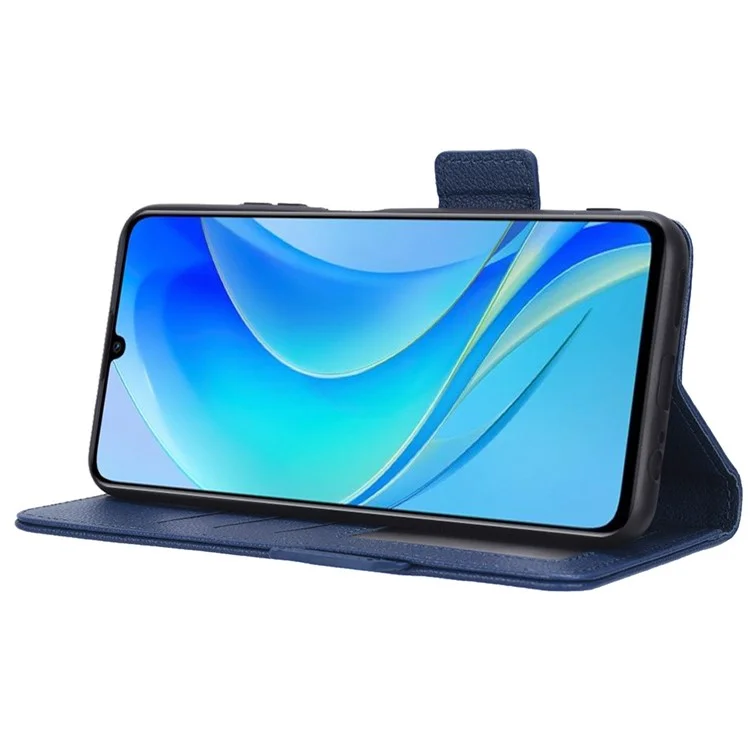 Schocksicheres Telefonfall Für Huawei Nova Y70 4G / Nova Y70 Plus 4g / Genießen Sie 50 4G, Litchi Textur PU Leder Dual Magnet -verschluss Brieftaschenabdeckungsständer - Dunkelblau