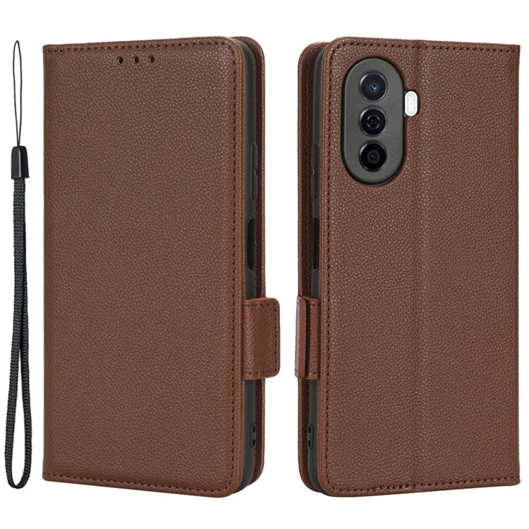 Capa de Telefone à Prova de Choque Para Huawei Nova Y70 4G / Nova Y70 Plus 4G / Desfrute de 50 4g, Textura Litchi PU Couro Duplo Garão Magnético Tampa da Carteira - Castanho
