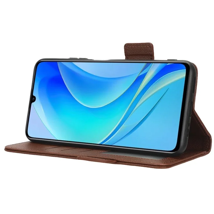 Capa de Telefone à Prova de Choque Para Huawei Nova Y70 4G / Nova Y70 Plus 4G / Desfrute de 50 4g, Textura Litchi PU Couro Duplo Garão Magnético Tampa da Carteira - Castanho