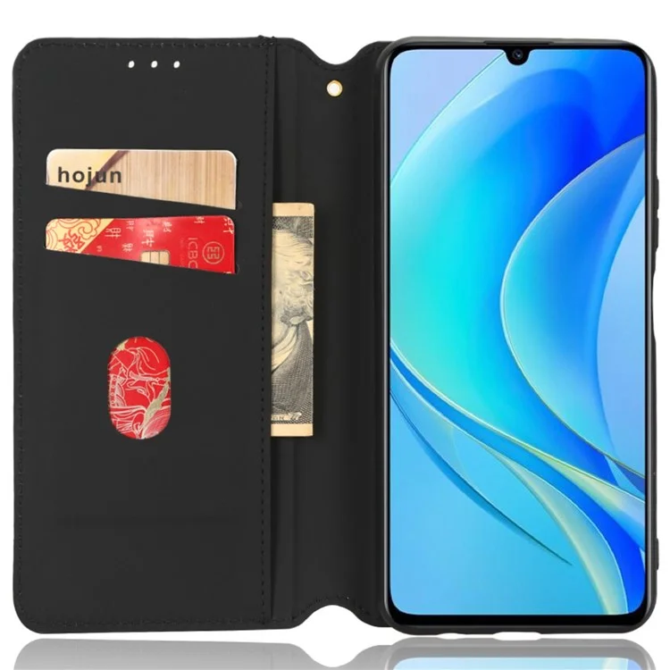 Funda Tipo Cartera Flip para Huawei nova Y70 4G / nova Y70 Plus 4G / Enjoy 50 4G, Funda de Teléfono de Cuero PU con Soporte y Patrón de Rombos Estampado - Azul