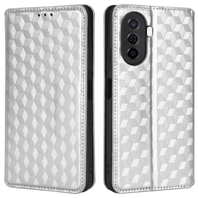 Flip Wallet Cover For Huawei nova Y70 4G / nova Y70 Plus 4G / Enjoy 50 4G, PU Leather Stand Imprinting Rhombus Pattern Phone Case - Silver