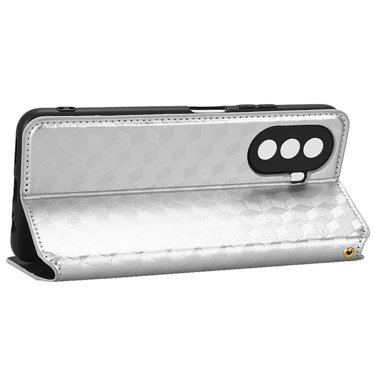 Flip Wallet Cover For Huawei nova Y70 4G / nova Y70 Plus 4G / Enjoy 50 4G, PU Leather Stand Imprinting Rhombus Pattern Phone Case - Silver