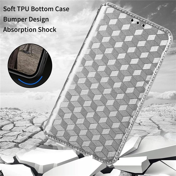 Flip Wallet Cover For Huawei nova Y70 4G / nova Y70 Plus 4G / Enjoy 50 4G, PU Leather Stand Imprinting Rhombus Pattern Phone Case - Silver