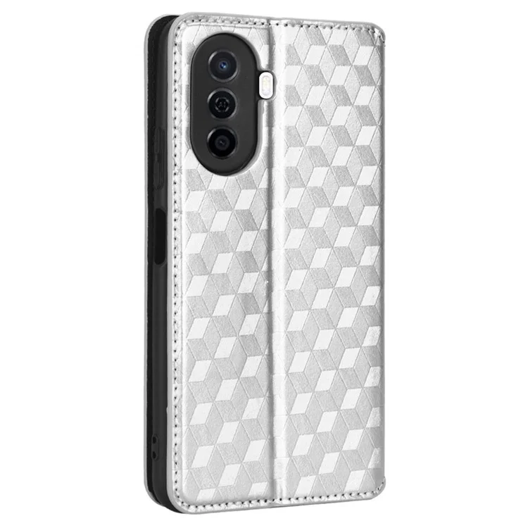Flip Wallet Cover For Huawei nova Y70 4G / nova Y70 Plus 4G / Enjoy 50 4G, PU Leather Stand Imprinting Rhombus Pattern Phone Case - Silver