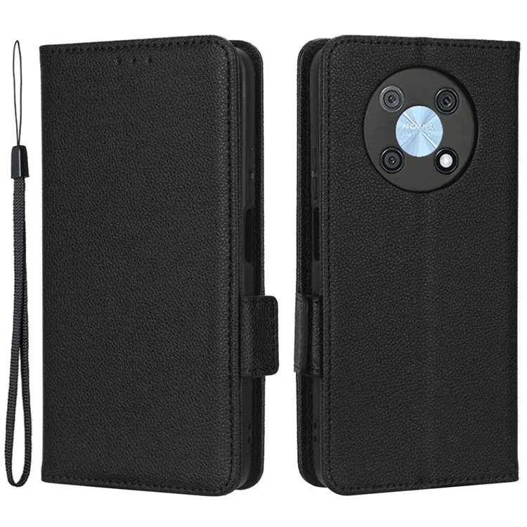 Litchi Texture Phone Cover For Huawei nova Y90 4G / Enjoy 50 Pro 4G, Scratch-resistant PU Leather Dual Magnetic Clasp Phone Wallet Stand Case - Black