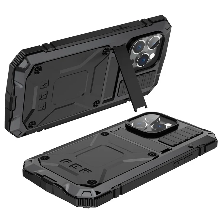 For iPhone 14 Pro Max 6.7 inch Dust-proof Splash-proof Anti-fall Phone Case Metal + Silicone + PC Kickstand Anti-wear Shell with Tempered Glass Film - Black