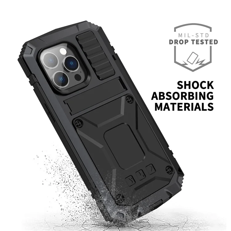 For iPhone 14 Pro Max 6.7 inch Dust-proof Splash-proof Anti-fall Phone Case Metal + Silicone + PC Kickstand Anti-wear Shell with Tempered Glass Film - Black