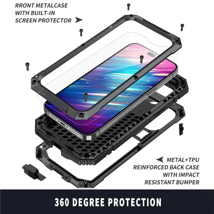 For iPhone 14 Pro Max 6.7 inch Dust-proof Splash-proof Anti-fall Phone Case Metal + Silicone + PC Kickstand Anti-wear Shell with Tempered Glass Film - Black