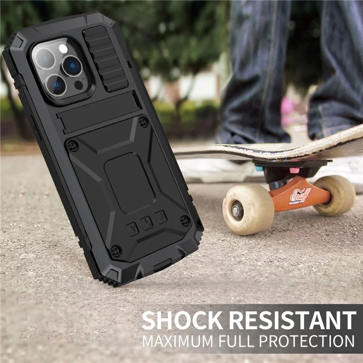 For iPhone 14 Pro Max 6.7 inch Dust-proof Splash-proof Anti-fall Phone Case Metal + Silicone + PC Kickstand Anti-wear Shell with Tempered Glass Film - Black