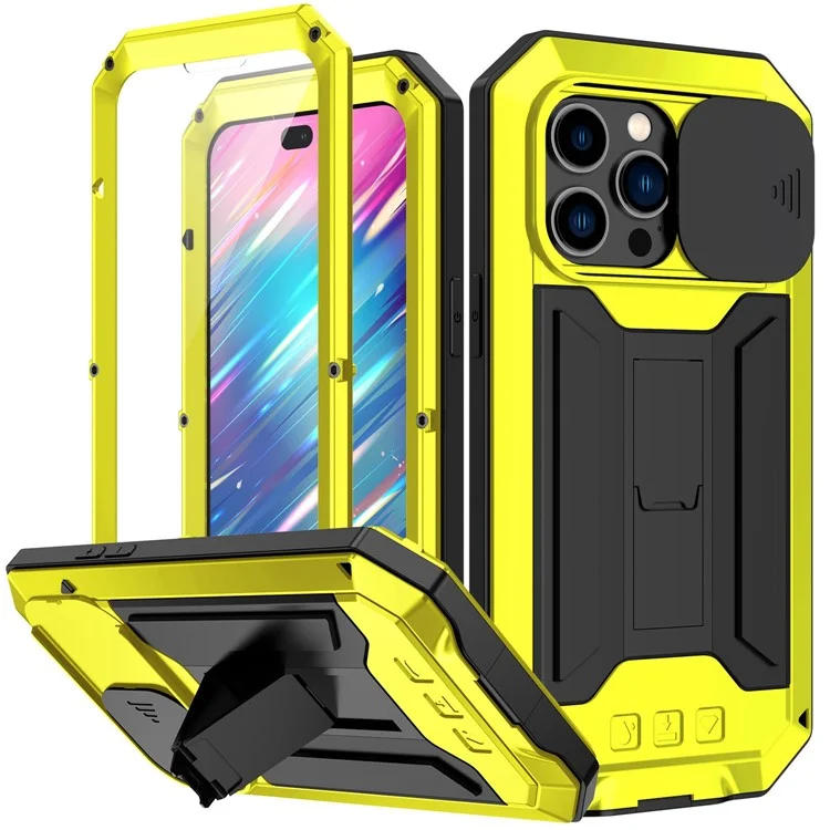 Pour Iphone 14 Pro Max 6,7 Pouces 2e Génération Anti-scratch Téléphone Bootstand Couvre de Caméra de Caméra Coulissante Avec Protecteur D'écran en Verre Trempé Protecteur - Jaune