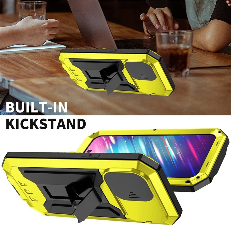 Pour Iphone 14 Pro Max 6,7 Pouces 2e Génération Anti-scratch Téléphone Bootstand Couvre de Caméra de Caméra Coulissante Avec Protecteur D'écran en Verre Trempé Protecteur - Jaune