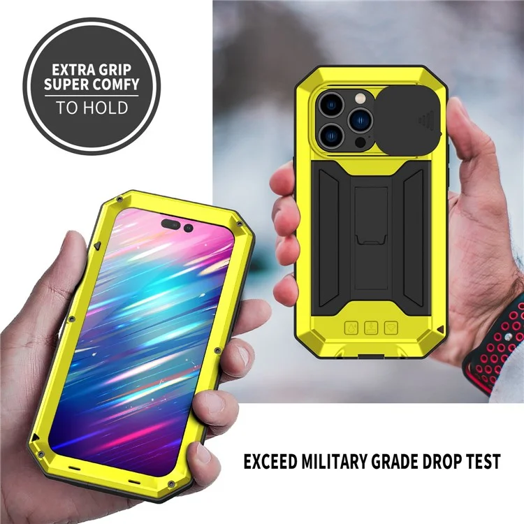 Pour Iphone 14 Pro Max 6,7 Pouces 2e Génération Anti-scratch Téléphone Bootstand Couvre de Caméra de Caméra Coulissante Avec Protecteur D'écran en Verre Trempé Protecteur - Jaune