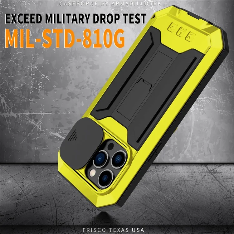 Pour Iphone 14 Pro Max 6,7 Pouces 2e Génération Anti-scratch Téléphone Bootstand Couvre de Caméra de Caméra Coulissante Avec Protecteur D'écran en Verre Trempé Protecteur - Jaune