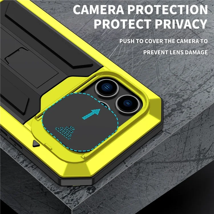 Pour Iphone 14 Pro Max 6,7 Pouces 2e Génération Anti-scratch Téléphone Bootstand Couvre de Caméra de Caméra Coulissante Avec Protecteur D'écran en Verre Trempé Protecteur - Jaune